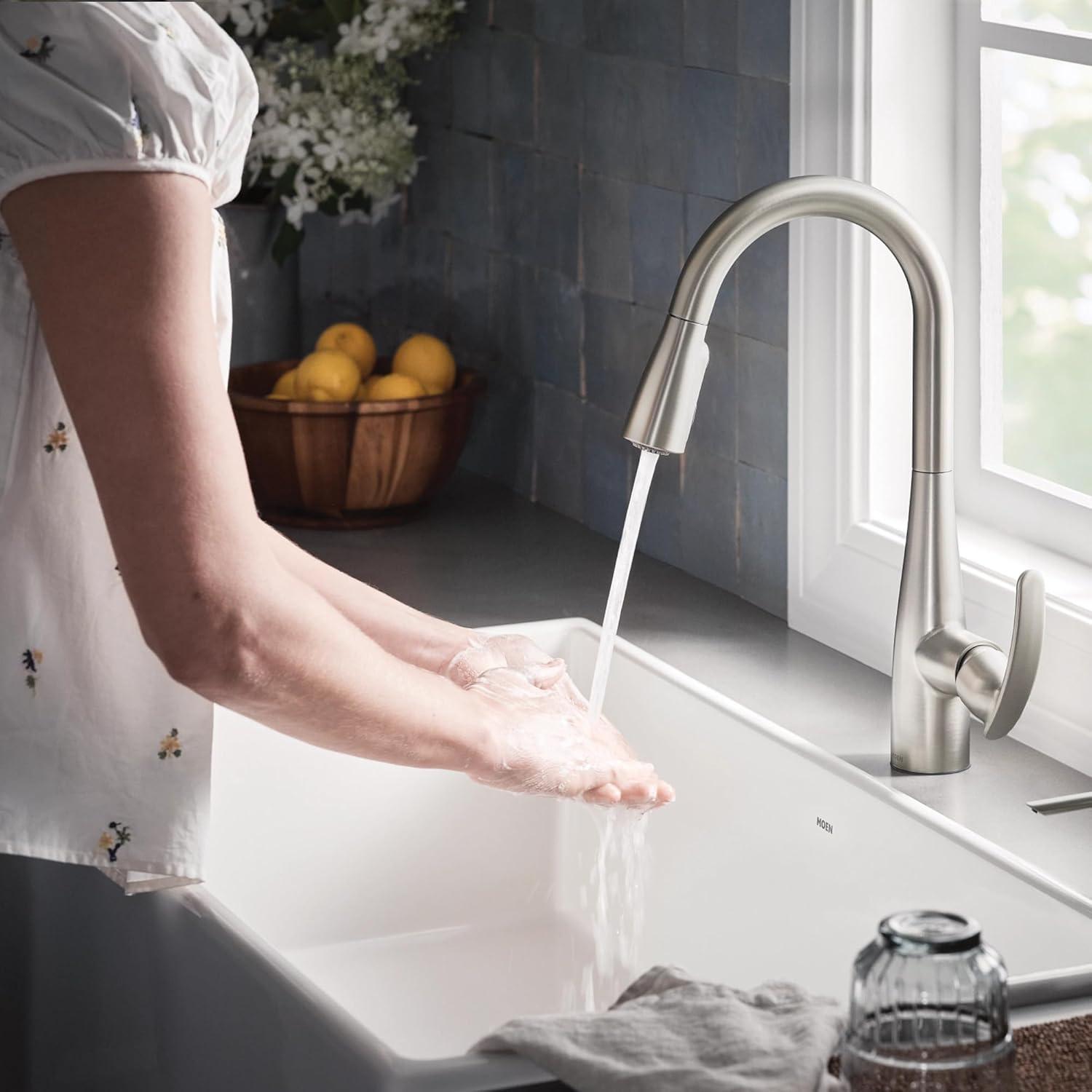 image:imageMoen Reyes Stainless Pulldown Kitchen Faucet with Soap Dispenser and Power Boost Transitional Kitchen Faucet OneHandle High Arc Easy Installation Spot Resist Finish 87932SRSSpot Resist Stainless