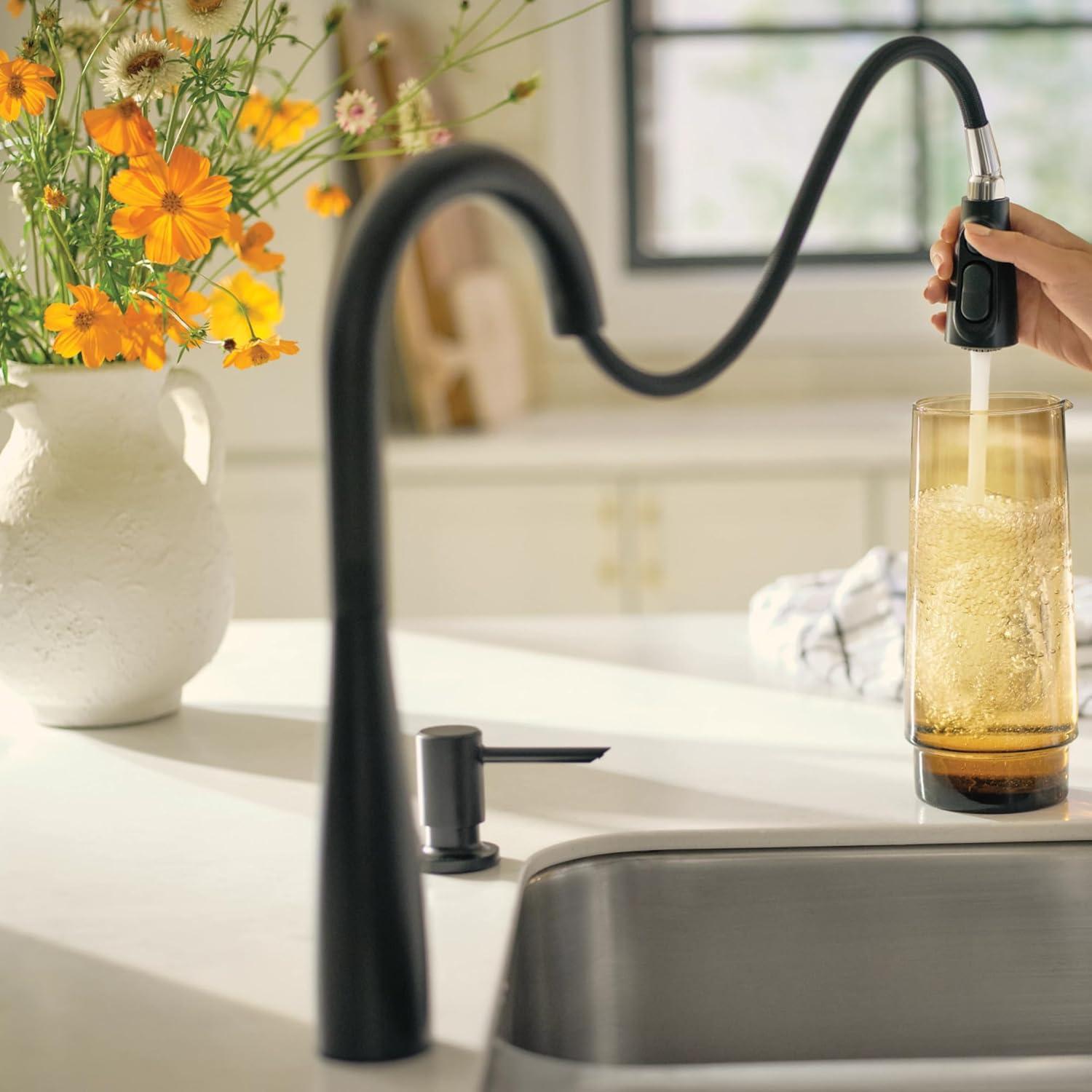image:imageMoen Reyes Stainless Pulldown Kitchen Faucet with Soap Dispenser and Power Boost Transitional Kitchen Faucet OneHandle High Arc Easy Installation Spot Resist Finish 87932SRSMatte Black