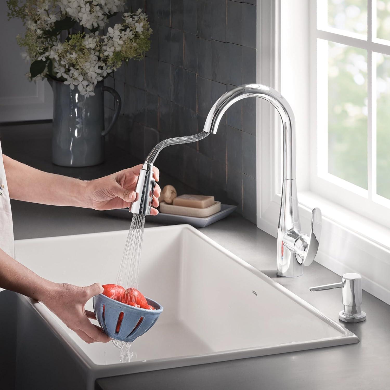 image:imageMoen Reyes Stainless Pulldown Kitchen Faucet with Soap Dispenser and Power Boost Transitional Kitchen Faucet OneHandle High Arc Easy Installation Spot Resist Finish 87932SRSChrome