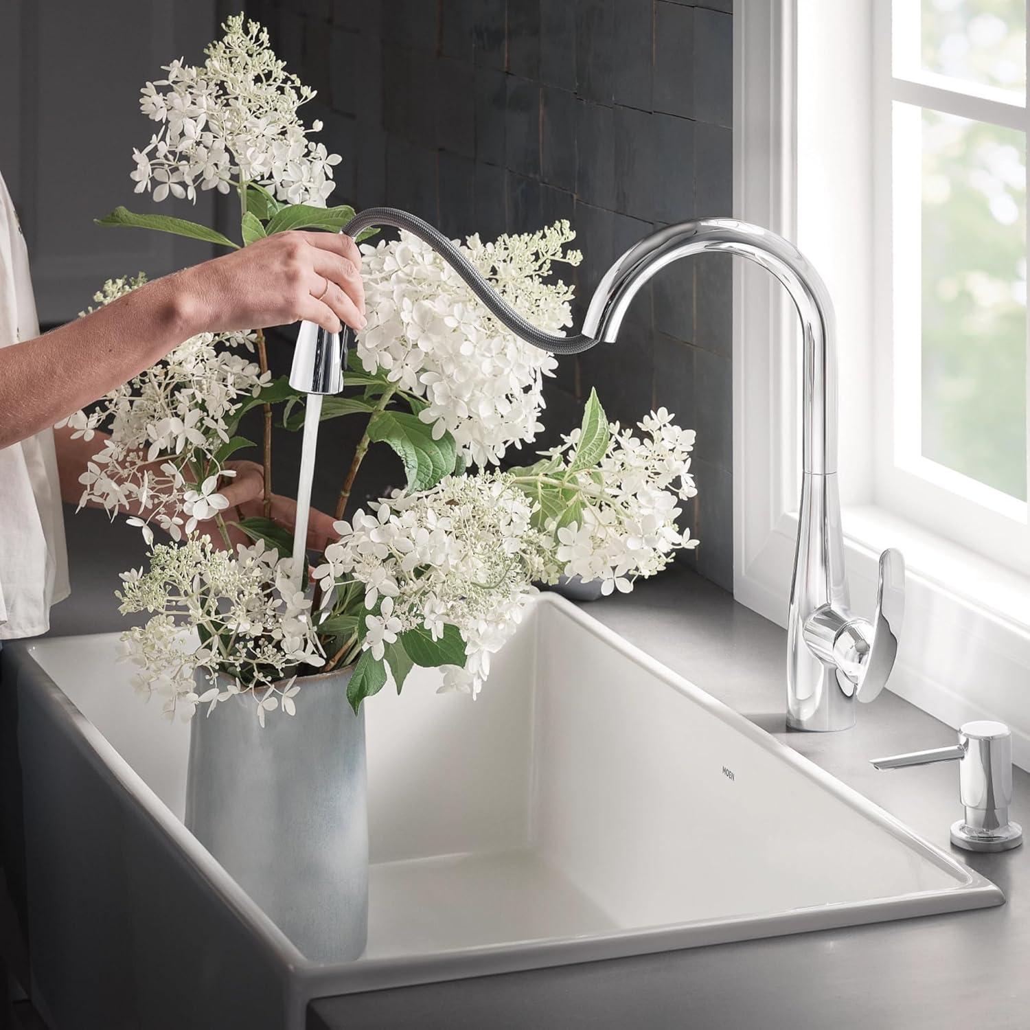 image:imageMoen Reyes Stainless Pulldown Kitchen Faucet with Soap Dispenser and Power Boost Transitional Kitchen Faucet OneHandle High Arc Easy Installation Spot Resist Finish 87932SRSChrome