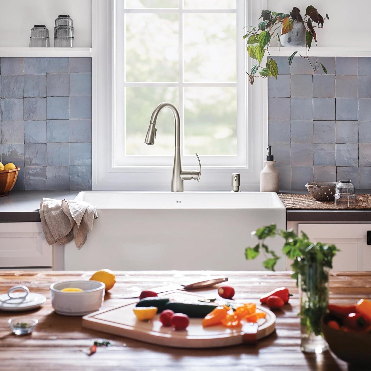 image:imageMoen Reyes Stainless Pulldown Kitchen Faucet with Soap Dispenser and Power Boost Transitional Kitchen Faucet OneHandle High Arc Easy Installation Spot Resist Finish 87932SRSSpot Resist Stainless
