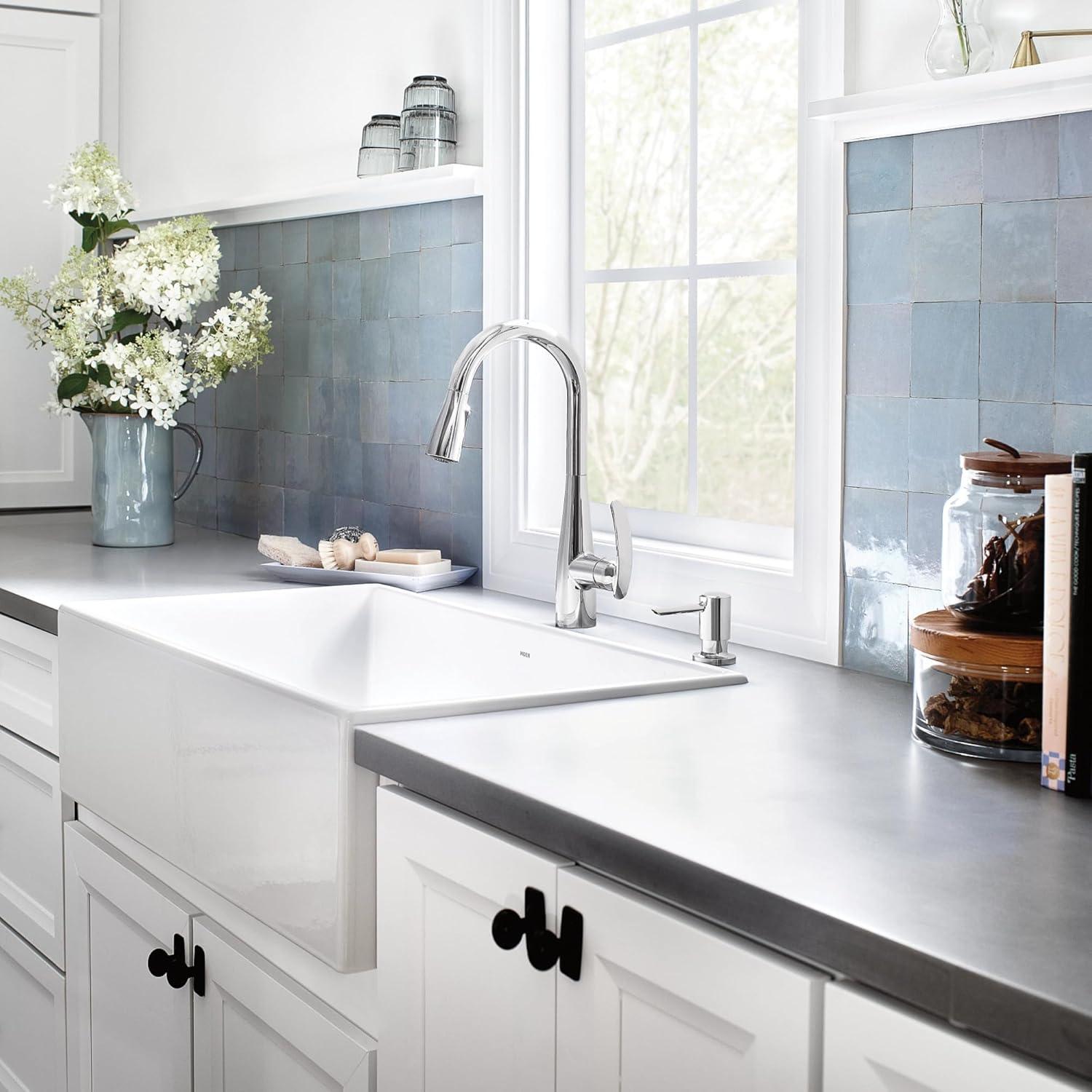image:imageMoen Reyes Stainless Pulldown Kitchen Faucet with Soap Dispenser and Power Boost Transitional Kitchen Faucet OneHandle High Arc Easy Installation Spot Resist Finish 87932SRSChrome