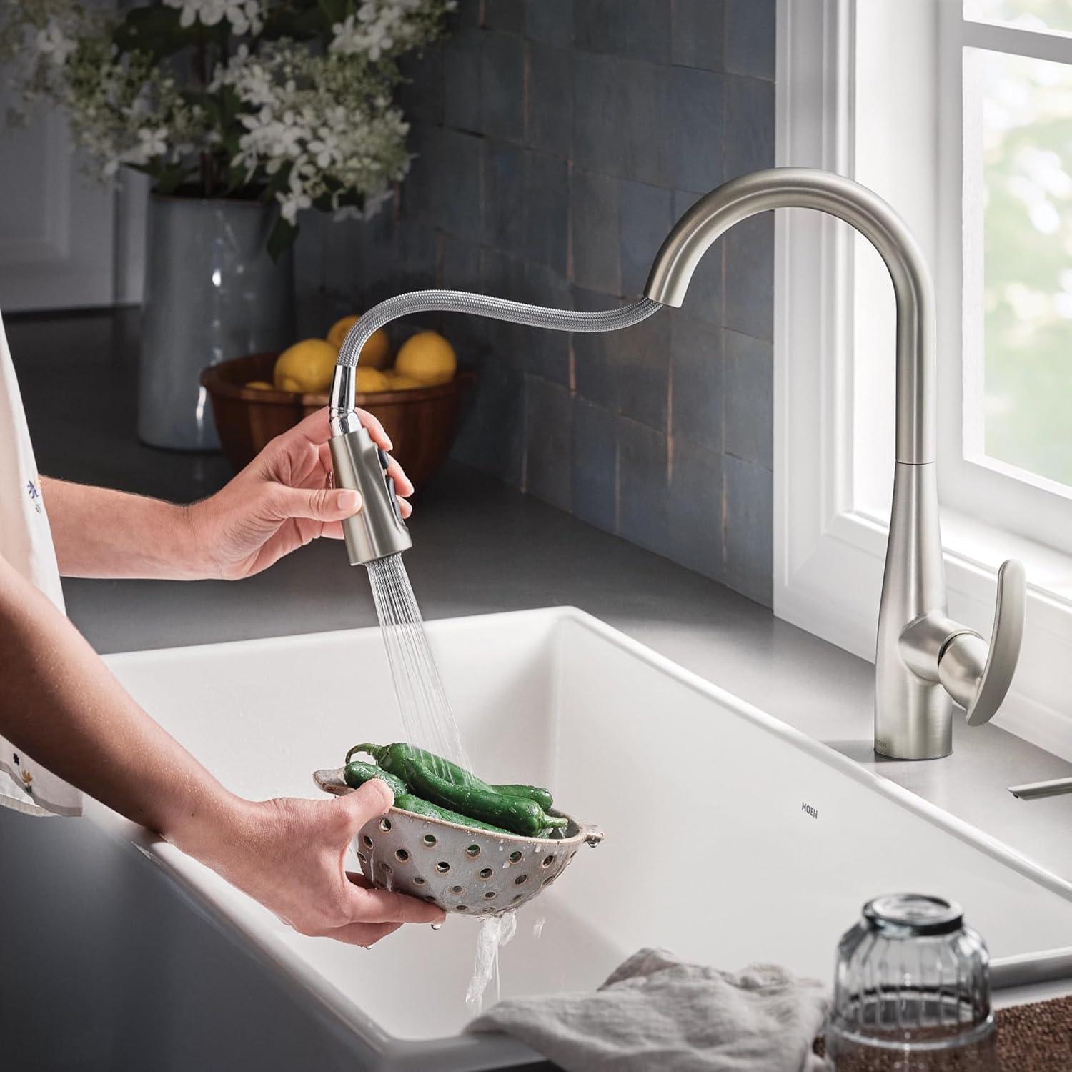 image:imageMoen Reyes Stainless Pulldown Kitchen Faucet with Soap Dispenser and Power Boost Transitional Kitchen Faucet OneHandle High Arc Easy Installation Spot Resist Finish 87932SRSSpot Resist Stainless