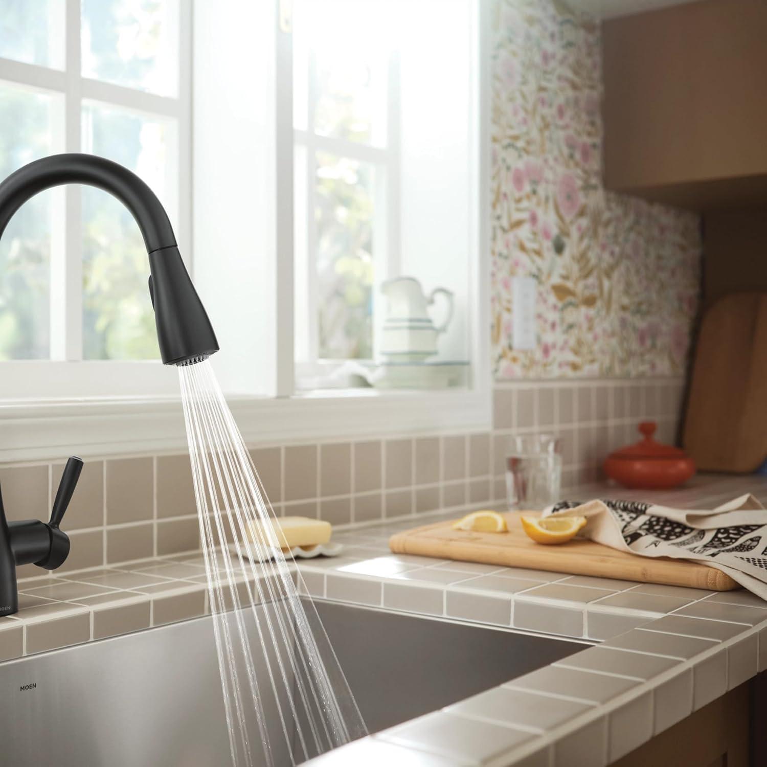image:imageMoen Shoreway Single Handle PullDown Kitchen Faucet with Power Clean Soap Dispenser and Reflex Spot Resist Stainless 87236SRSBlack