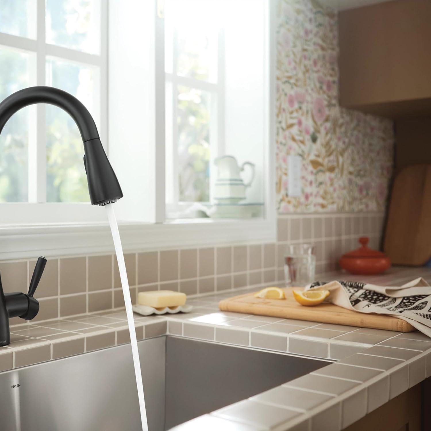 image:imageMoen Shoreway Single Handle PullDown Kitchen Faucet with Power Clean Soap Dispenser and Reflex Spot Resist Stainless 87236SRSBlack