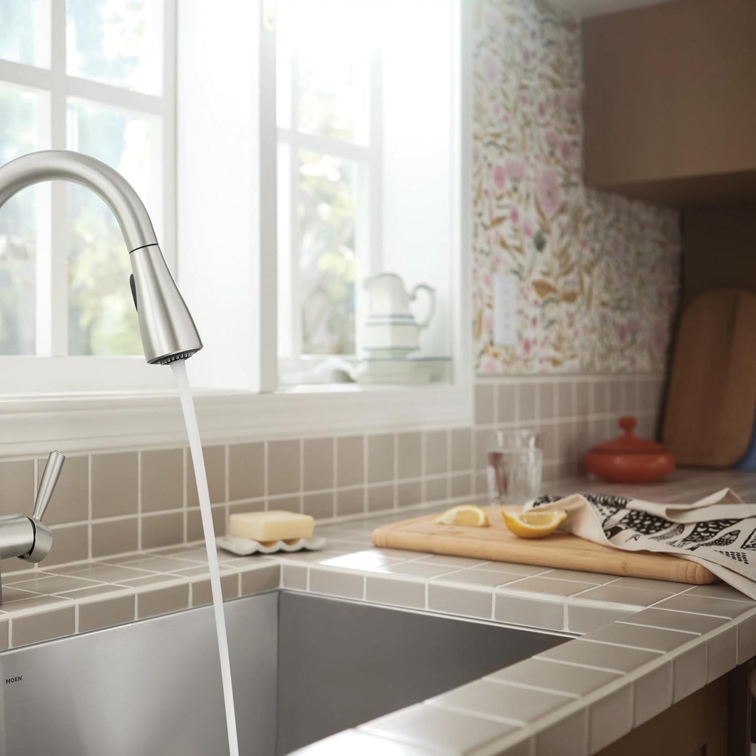 image:imageMoen Shoreway Single Handle PullDown Kitchen Faucet with Power Clean Soap Dispenser and Reflex Spot Resist Stainless 87236SRSSpot Resist Stainless