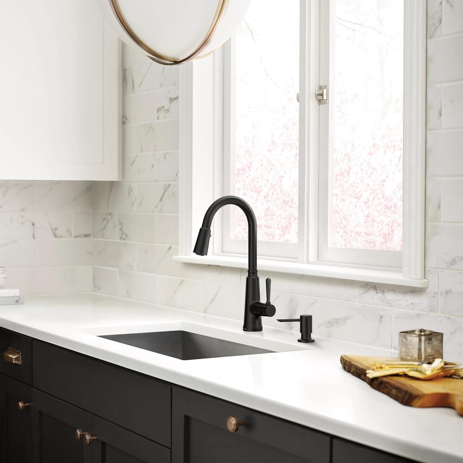 image:imageMoen Trew Matte Black Kitchen Faucet with Soap Dispenser and Pulldown with Power Boost Transitional Kitchen Faucet OneHandle High Arc Easy Installation 87653BLMatte Black