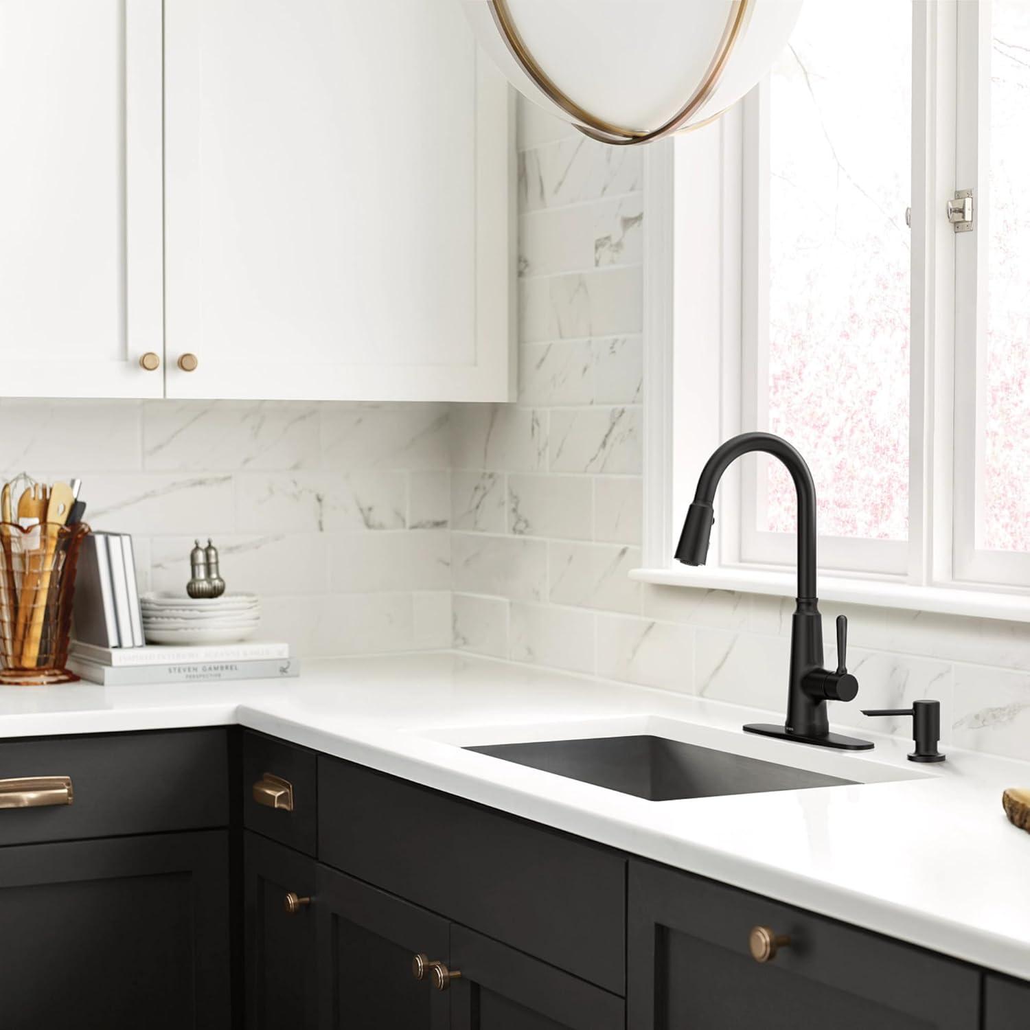 image:imageMoen Trew Matte Black Kitchen Faucet with Soap Dispenser and Pulldown with Power Boost Transitional Kitchen Faucet OneHandle High Arc Easy Installation 87653BLMatte Black