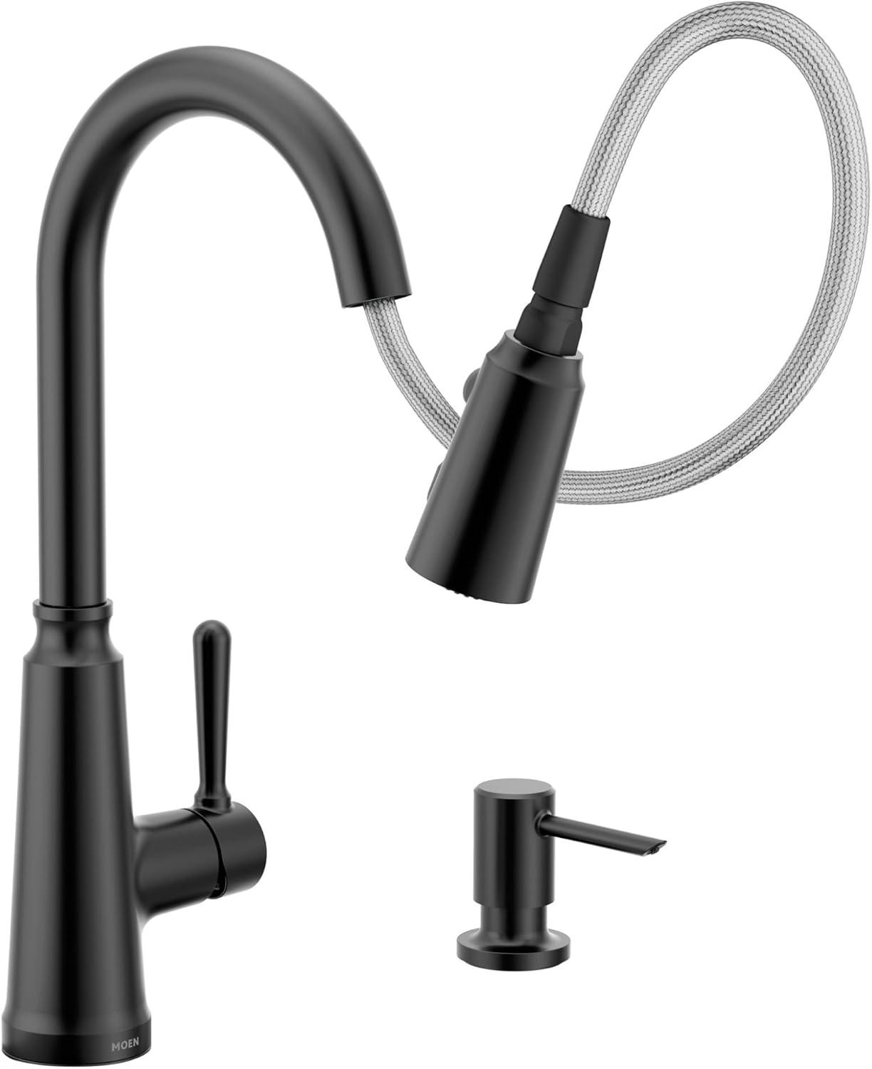image:imageMoen Trew Matte Black Kitchen Faucet with Soap Dispenser and Pulldown with Power Boost Transitional Kitchen Faucet OneHandle High Arc Easy Installation 87653BLMatte Black