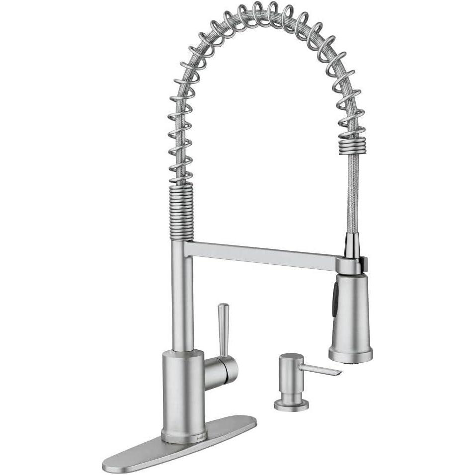 image:imageMoen 87194SRS Indi SingleHandle PreRinse Spring Pulldown Sprayer Kitchen Faucet with Power Clean in Spot Resist Stainless Soap Dispenser and Deck Plate Included