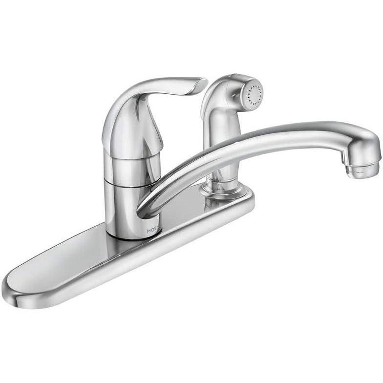 image:imageMoen Adler SingleHandle Low ARC Kitchen Faucet in Chrome with in Deck Side Sprayer and Tool