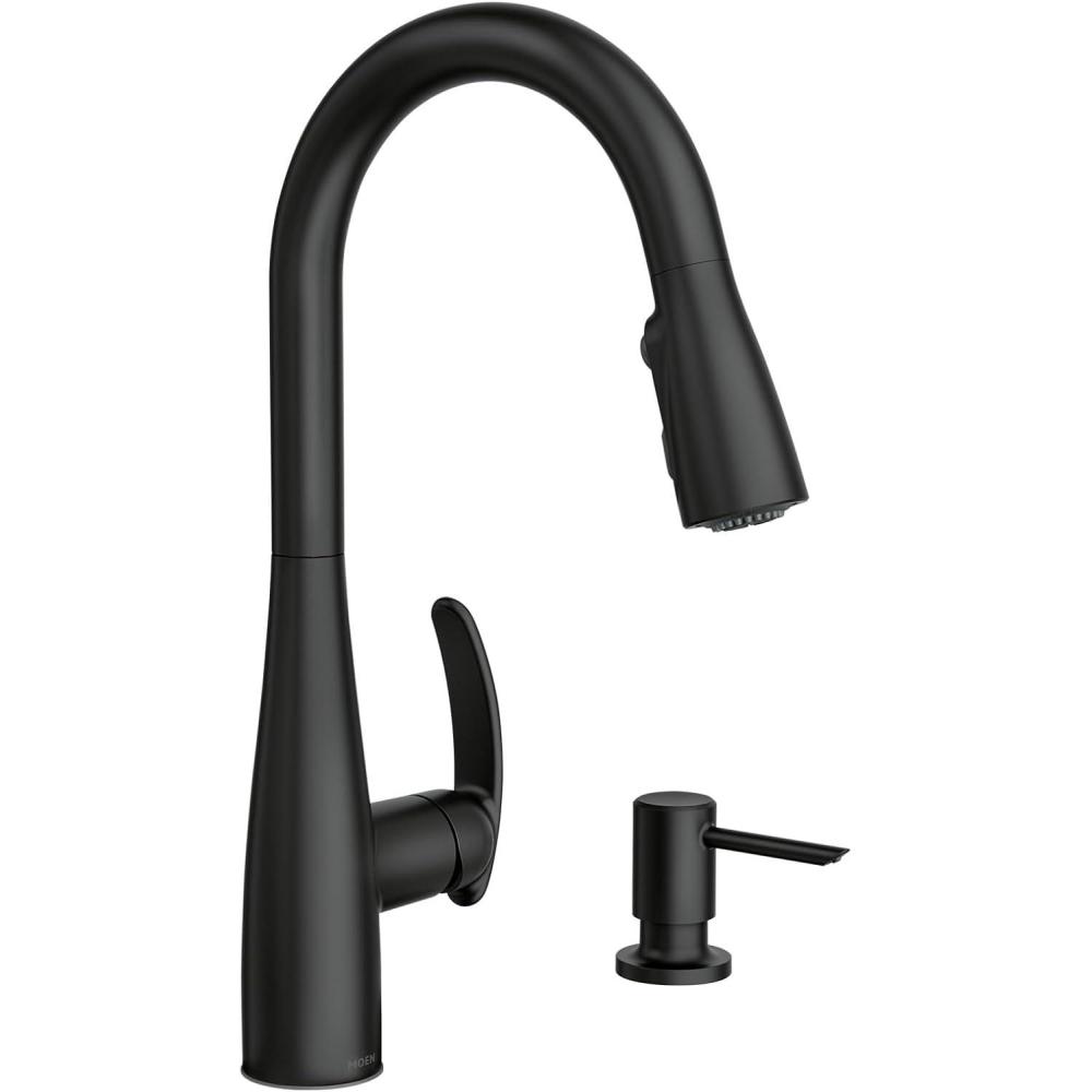image:imageMoen Reyes Stainless Pulldown Kitchen Faucet with Soap Dispenser and Power Boost Transitional Kitchen Faucet OneHandle High Arc Easy Installation Spot Resist Finish 87932SRSMatte Black