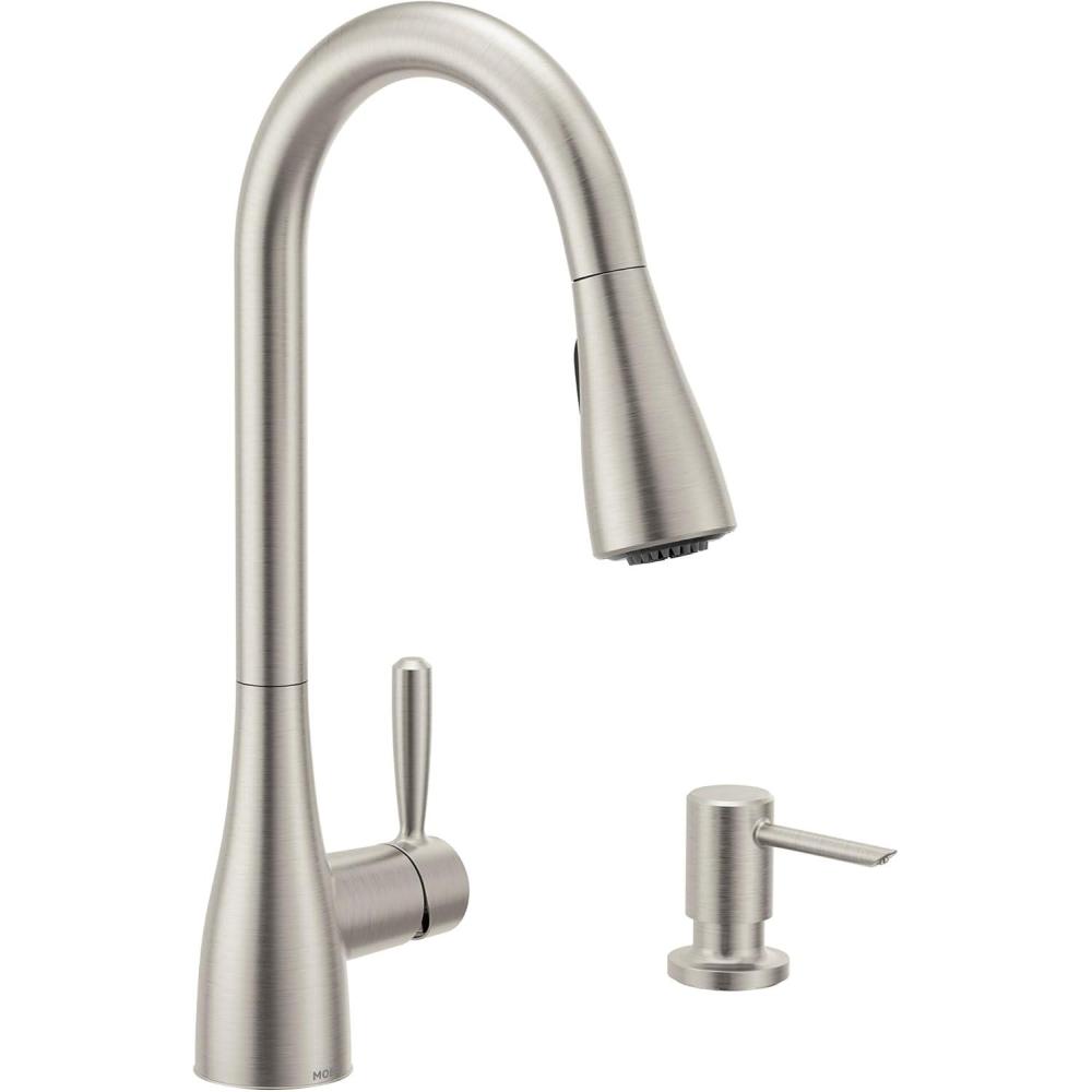 image:imageMoen Shoreway Single Handle PullDown Kitchen Faucet with Power Clean Soap Dispenser and Reflex Spot Resist Stainless 87236SRSSpot Resist Stainless