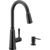 Moen Trew Matte Black Kitchen Faucet with Soap Dispenser and Pulldown with Power Boost, Transitional Kitchen Faucet, One-Handle High Arc Easy Installation, 87653BL(Matte Black)