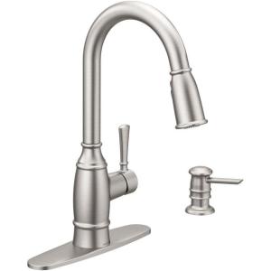 MOEN Noell Single-Handle Pull-Down Sprayer Kitchen Faucet with Reflex and Soap Dispenser in Spot Resist Stainless