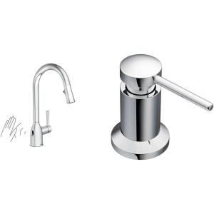Moen Adler Touchless Chrome Kitchen Faucet wth Power Clean and Reflex Technology, 87233EWC + Moen Chrome Kitchen Soap Dispenser, 3942(Chrome)