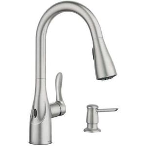 Moen Arlo Spot Resist Stainless Single Handle Pull-down Kitchen Faucet with Sprayer (Deck Plate and Soap Dispenser Included) (87087EWSRS)