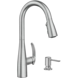 Moen Reyes Stainless Pulldown Kitchen Faucet with Soap Dispenser and Power Boost, Transitional Kitchen Faucet, One-Handle High Arc, Easy Installation, Spot Resist Finish, 87932SRS(Spot Resist Stainless)