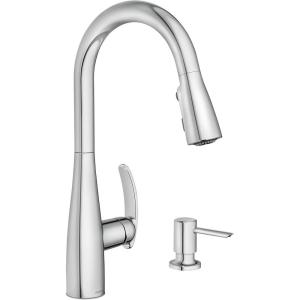 Moen Reyes Stainless Pulldown Kitchen Faucet with Soap Dispenser and Power Boost, Transitional Kitchen Faucet, One-Handle High Arc, Easy Installation, Spot Resist Finish, 87932SRS(Chrome)