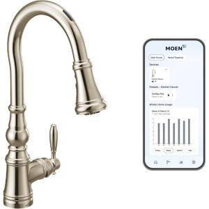 Moen Weymouth Polished Nickel Smart Faucet, Touchless Kitchen Faucet with Pull Down Sprayer, Voice Control and Power Boost, Traditional Kitchen Faucet, One-Handle Easy Installation, S73004EVNL