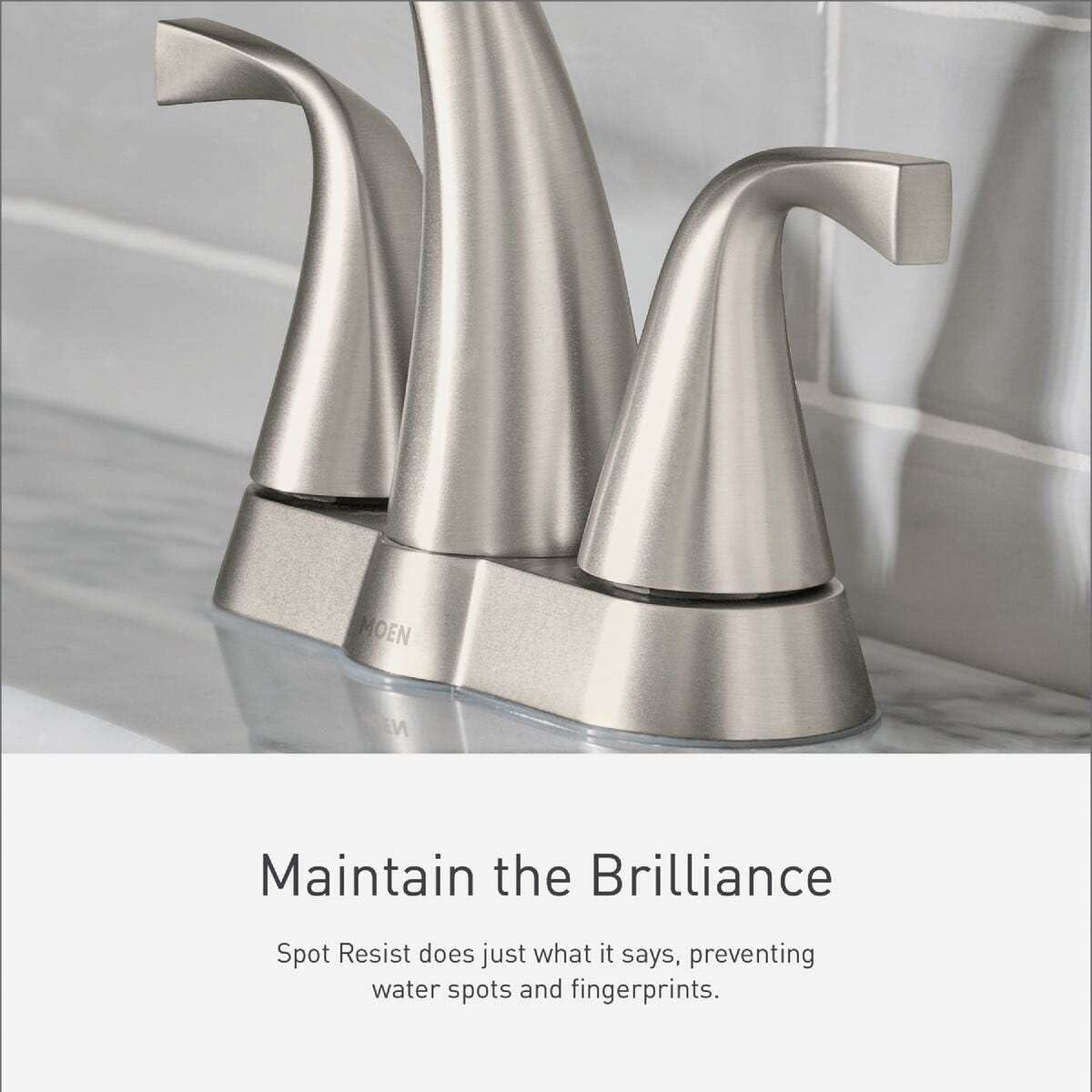 image:imageMoen 84603SRN Adler 4 in Centerset 2Handle LowArc Bathroom Faucet in Spot Resist Brushed Nickel