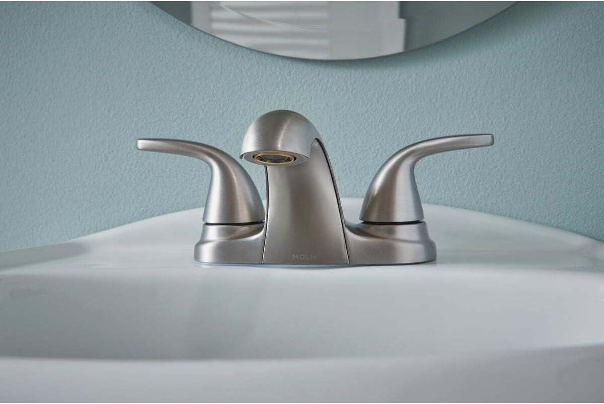 image:imageMoen 84603SRN Adler 4 in Centerset 2Handle LowArc Bathroom Faucet in Spot Resist Brushed Nickel