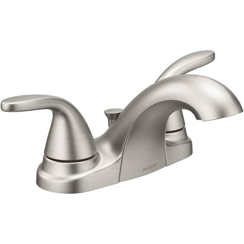 image:imageMoen 84603SRN Adler 4 in Centerset 2Handle LowArc Bathroom Faucet in Spot Resist Brushed Nickel