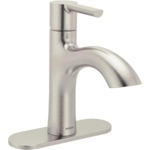 Moen Idris One-Handle Bathroom Faucet – Modern Deck Mount with Push-Down Drain – Optional 3-Hole Deckplate – 1.2 GPM (Brushed Nickel)(Brushed Nickel)