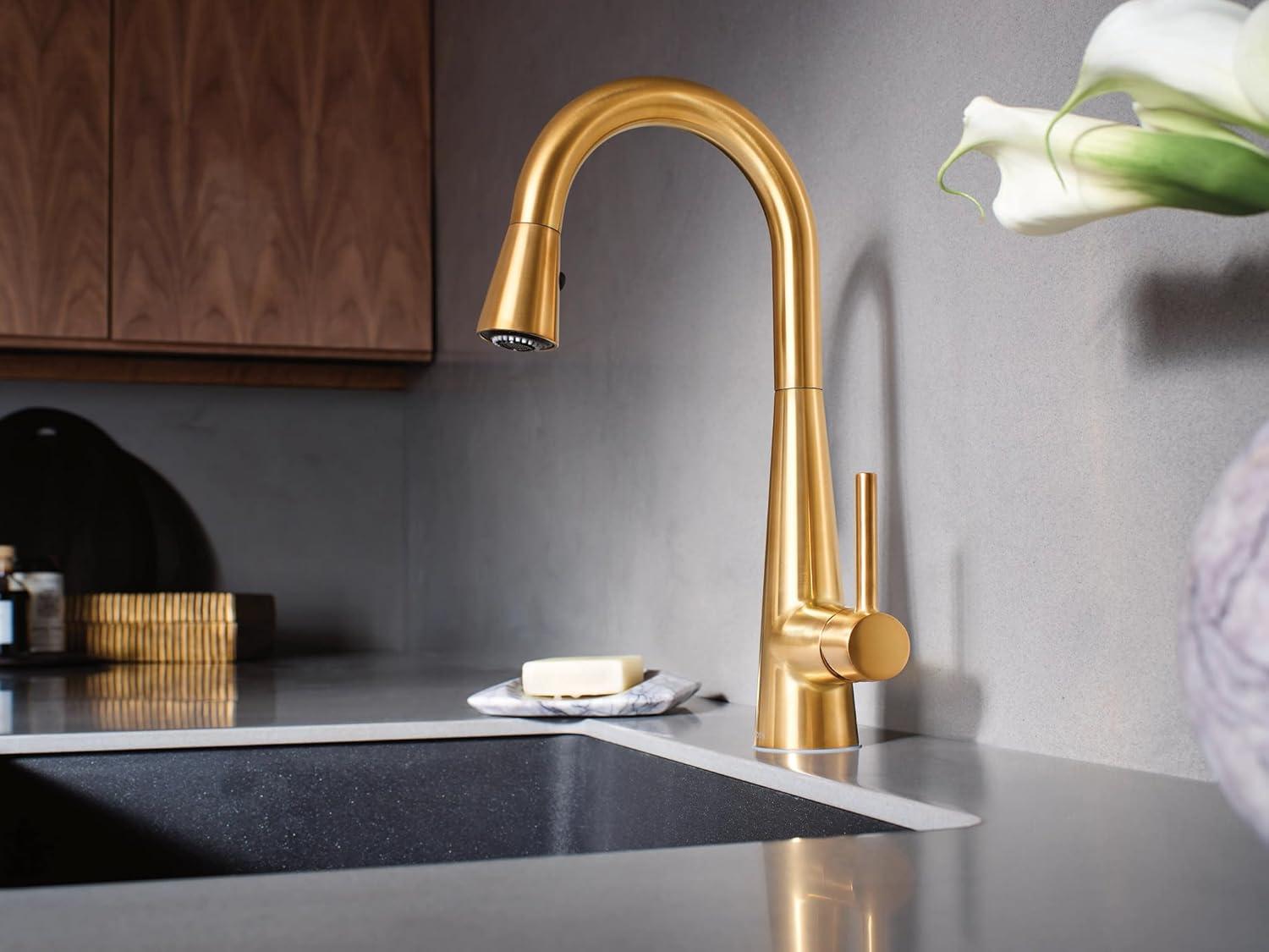 image:imageMoen Sleek Brushed Gold OneHandle High Arc Pulldown Modern Bar Faucet 7664BG