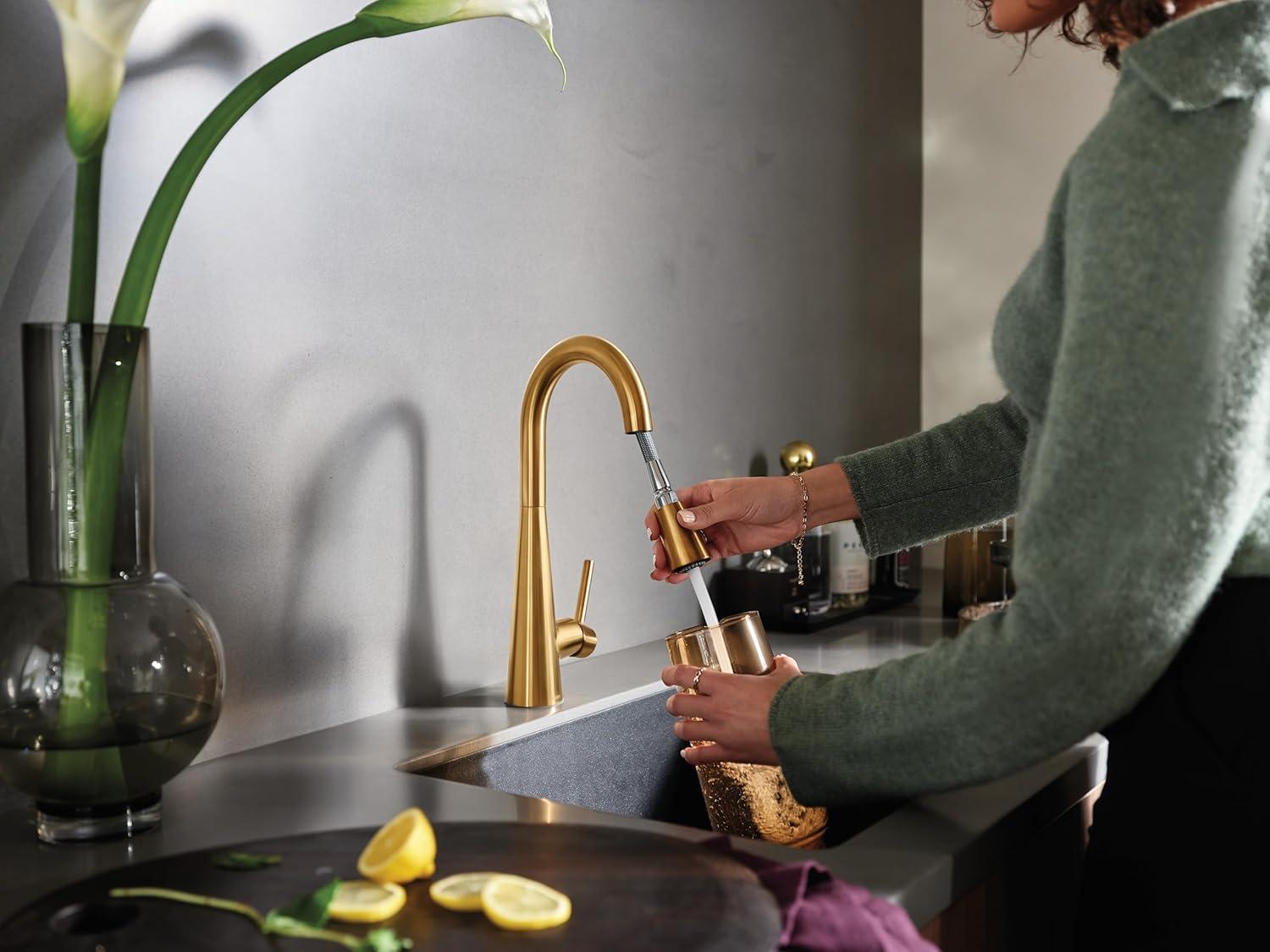 image:imageMoen Sleek Brushed Gold OneHandle High Arc Pulldown Modern Bar Faucet 7664BG