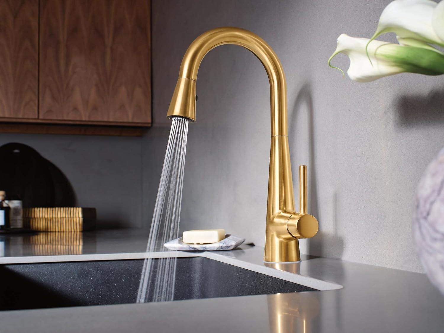 image:imageMoen Sleek Brushed Gold OneHandle High Arc Pulldown Modern Bar Faucet 7664BG