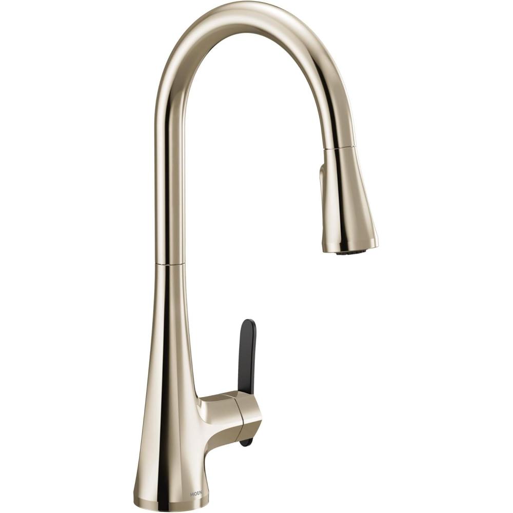 image:imageMoen Sinema Polished Nickel OneHandle High Arc Pulldown Kitchen Faucet featuring Power Boost and Reflex Accent Handle Included for Customizing S7235NL
