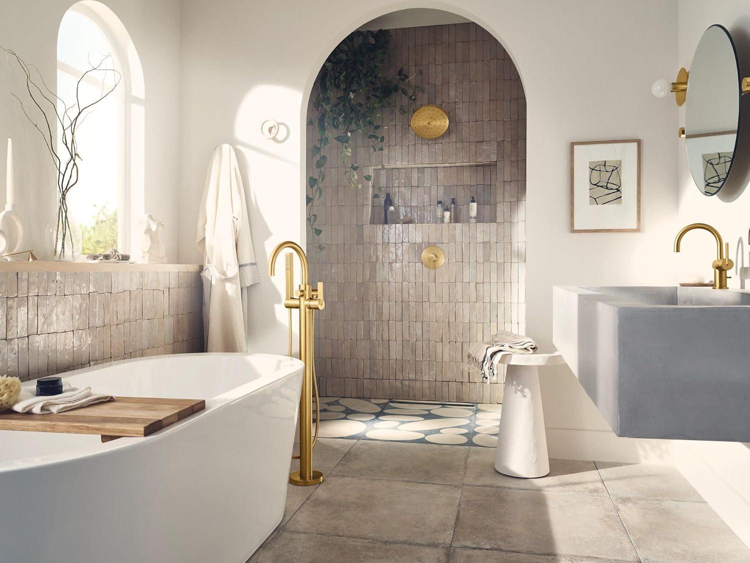 image:imageMoen 615BL Cia One Handle Freestanding Floor Mount Tub Filler with Hand Shower Matte BlackBrushed Gold