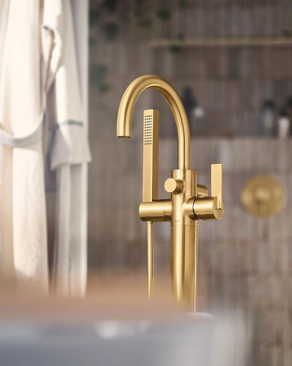 image:imageMoen 615BL Cia One Handle Freestanding Floor Mount Tub Filler with Hand Shower Matte BlackBrushed Gold
