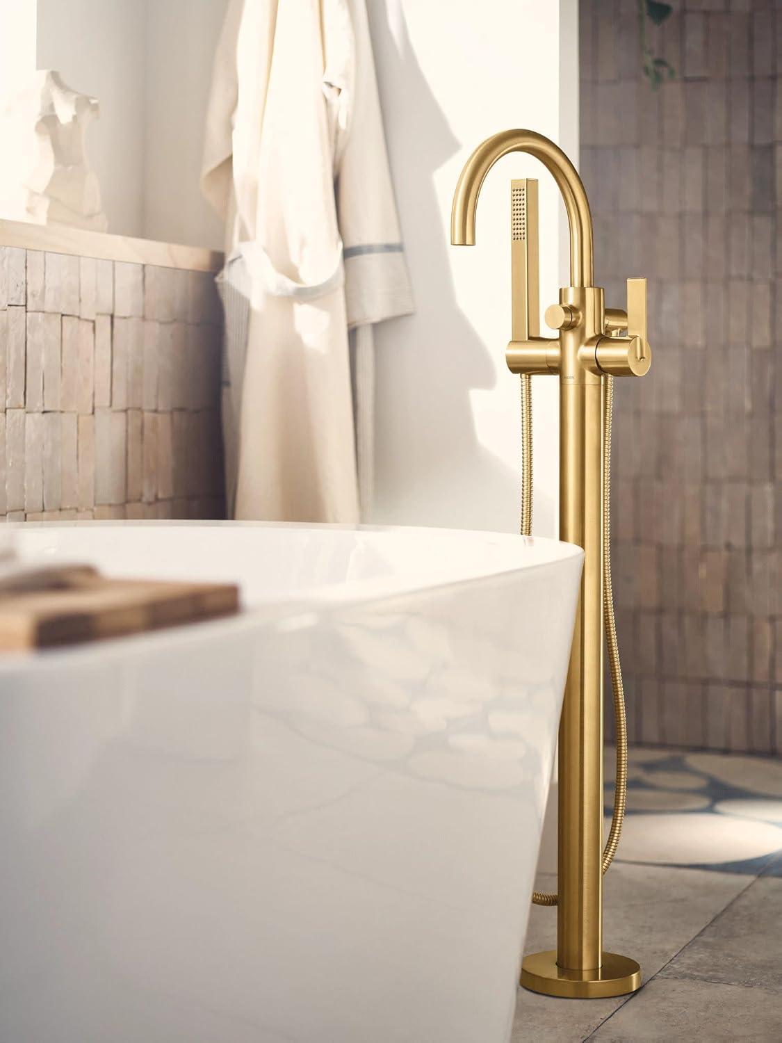 image:imageMoen 615BL Cia One Handle Freestanding Floor Mount Tub Filler with Hand Shower Matte BlackBrushed Gold