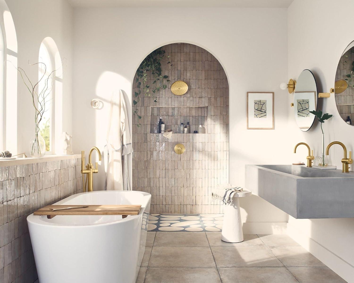 image:imageMoen 615BL Cia One Handle Freestanding Floor Mount Tub Filler with Hand Shower Matte BlackBrushed Gold
