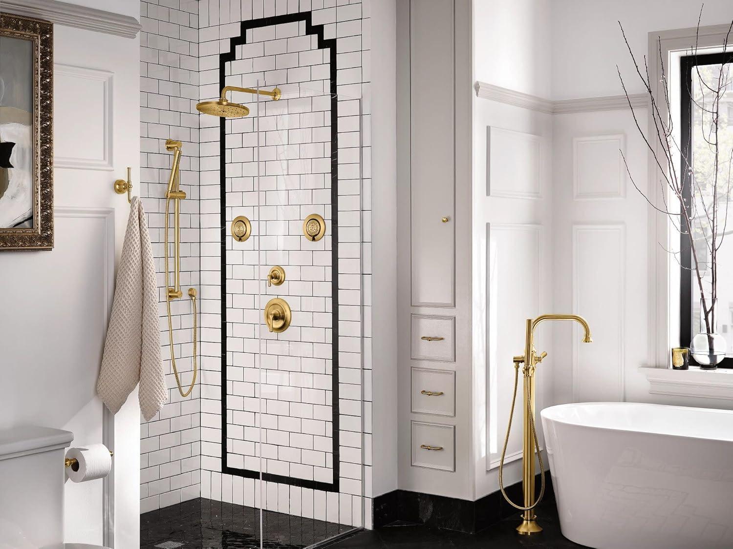 image:imageMoen S44507BN Colinet OneHandle Traditional Freestanding Floor Mount Tub Filler with Handshower Brushed NickelBrushed Gold