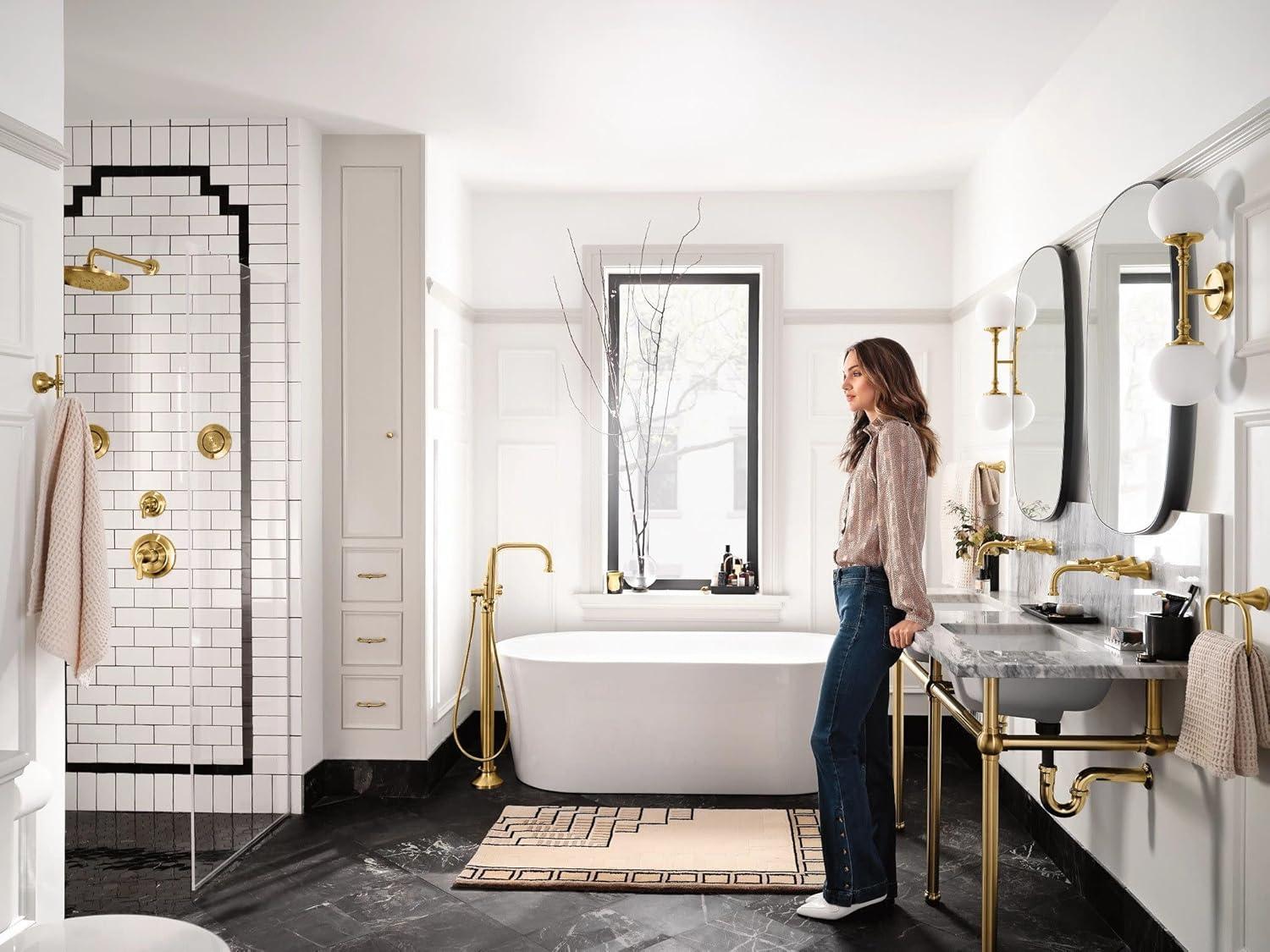 image:imageMoen S44507BN Colinet OneHandle Traditional Freestanding Floor Mount Tub Filler with Handshower Brushed NickelBrushed Gold