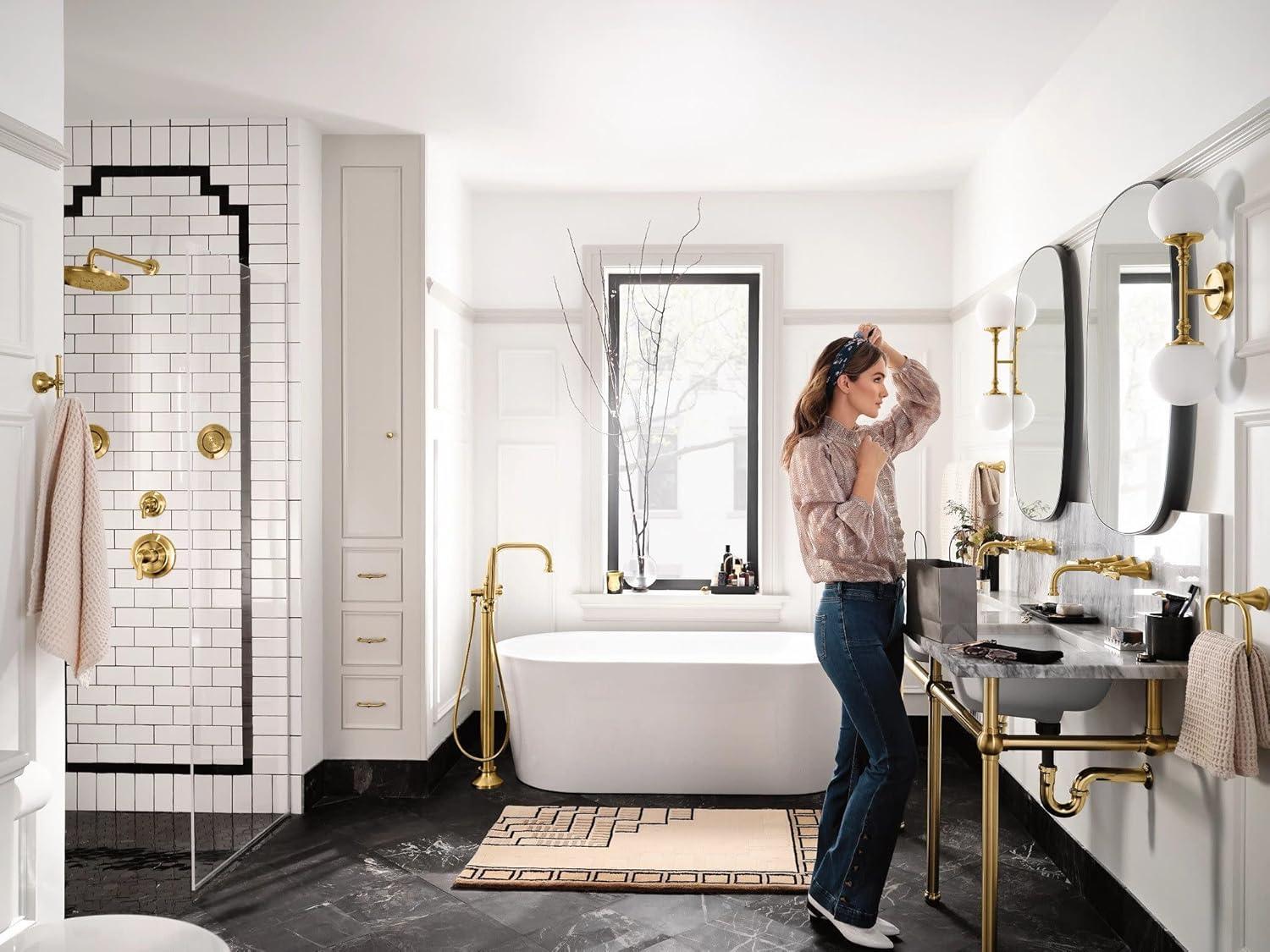 image:imageMoen S44507BN Colinet OneHandle Traditional Freestanding Floor Mount Tub Filler with Handshower Brushed NickelBrushed Gold