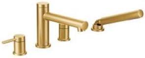 image:imageMoen T394BG Align 2Handle Deck Mount Modern Roman Tub Faucet Trim Kit with Single Function Handshower 4hole Bathtub Faucets with Hand Shower Wand and Tub Spout Valve Required Brushed GoldBrushed Gold