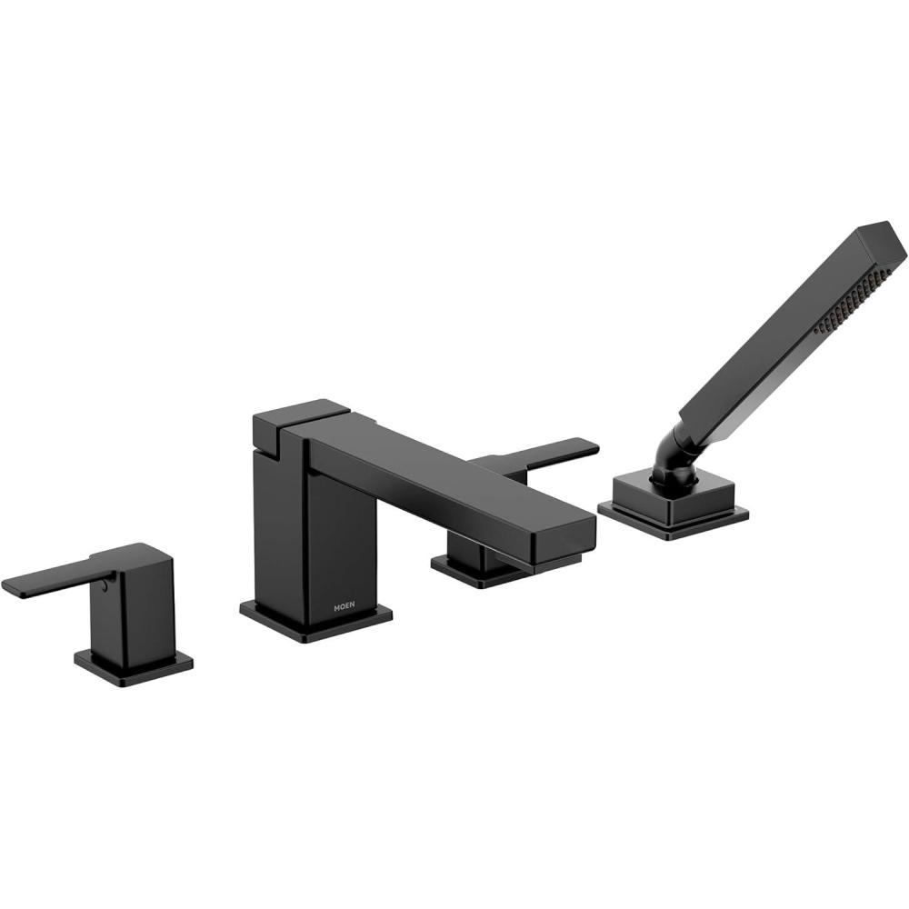 image:imageMoen 90 Degree Matte Black TwoHandle Deck Mount Roman Tub Faucet Trim Kit with Handshower Valve Required TS914BL