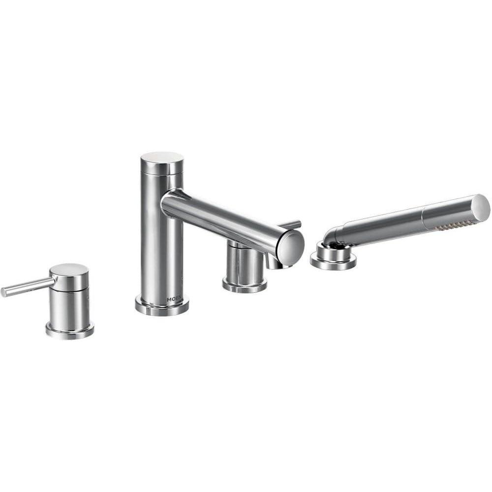 image:imageMoen T394BG Align 2Handle Deck Mount Modern Roman Tub Faucet Trim Kit with Single Function Handshower 4hole Bathtub Faucets with Hand Shower Wand and Tub Spout Valve Required Brushed GoldChrome
