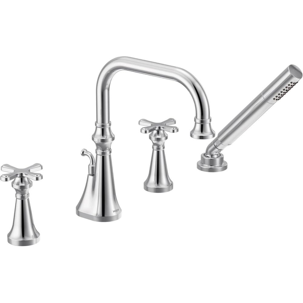 image:imageMoen TS44506 Colinet Two Handle DeckMount Roman Tub Faucet Trim with Cross Handles and Handshower Valve Required ChromeChrome