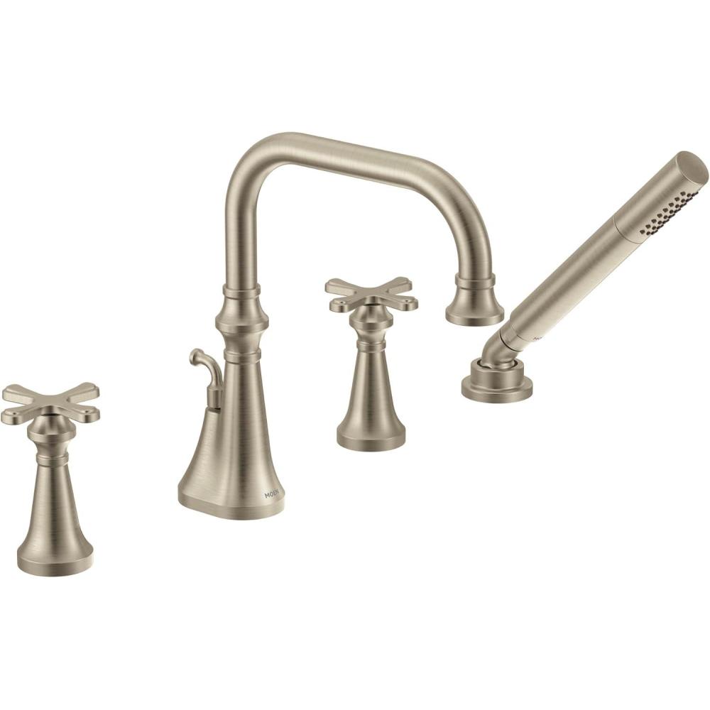 image:imageMoen TS44506BN Colinet Two Handle DeckMount Roman Tub Faucet Trim with Cross Handles and Handshower Valve Required Brushed NickelBrushed Nickel