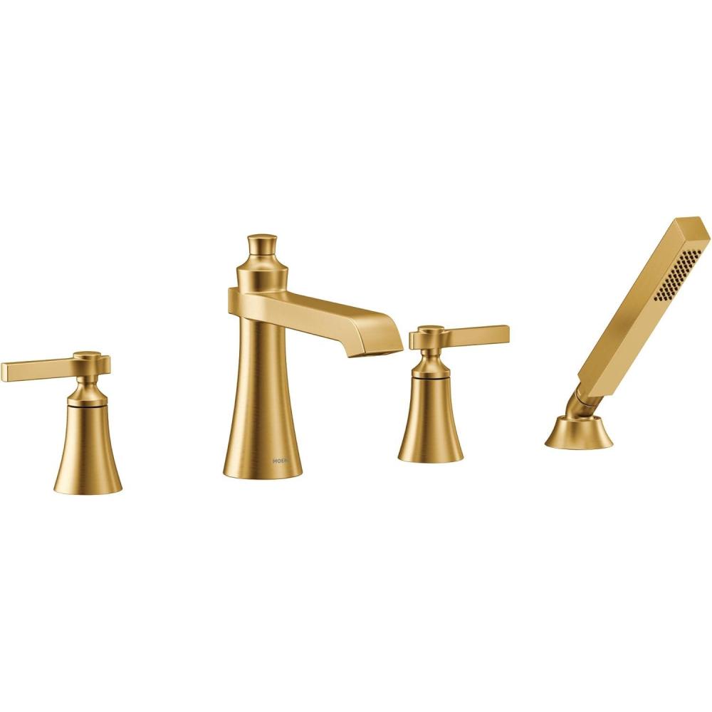 image:imageMoen TS928 Flara 2Handle Deck Mount Lever Handle Roman Tub Faucet Trim Kit Valve Required Including Single Function Handshower ChromeBrushed Gold