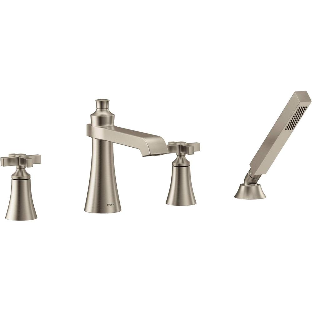 image:imageMoen TS928 Flara 2Handle Deck Mount Lever Handle Roman Tub Faucet Trim Kit Valve Required Including Single Function Handshower ChromeBrushed Nickel