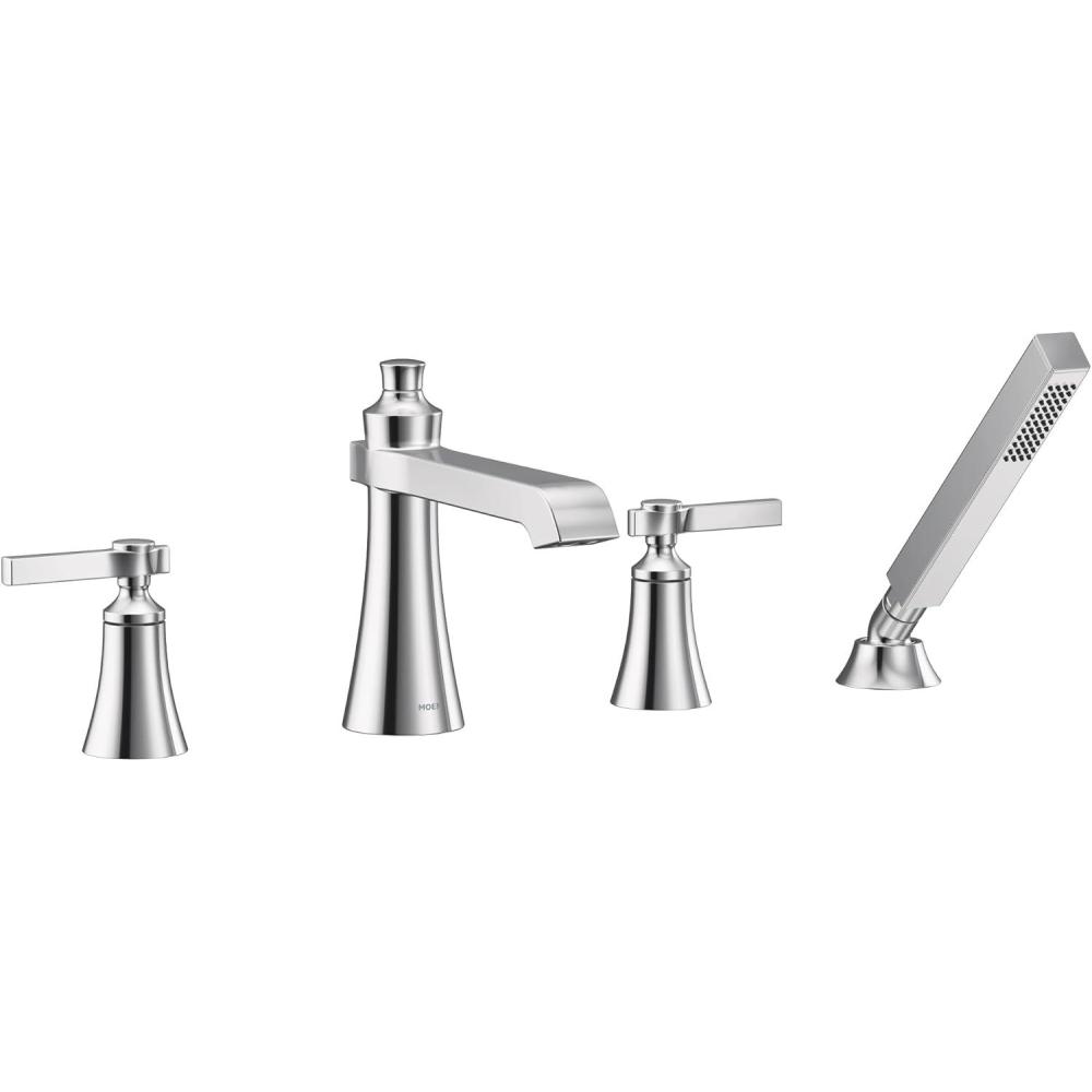 image:imageMoen TS928 Flara 2Handle Deck Mount Lever Handle Roman Tub Faucet Trim Kit Valve Required Including Single Function Handshower ChromeChrome