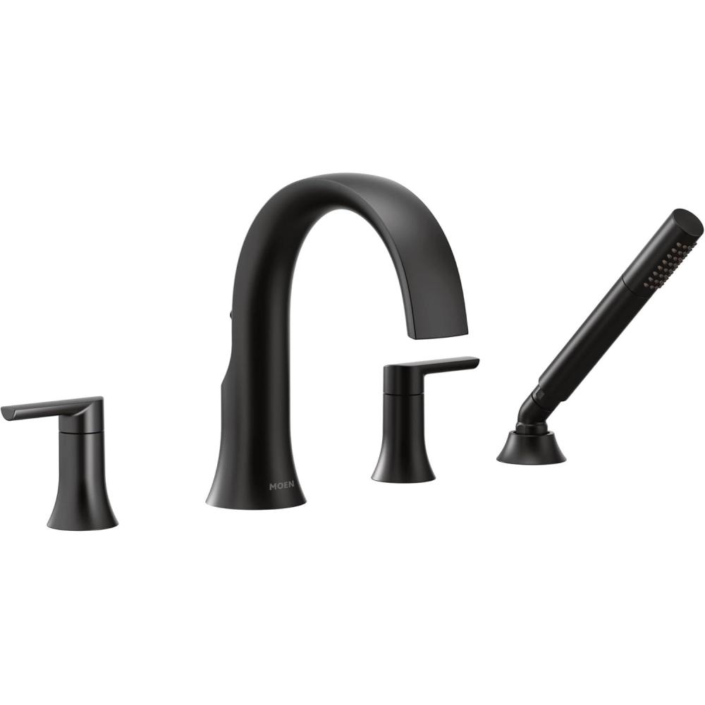 image:imageMoen TS983BL Doux TwoHandle High Arc DeckMount Roman Tub Faucet Trim with Handshower Valve Required Matte BlackMatte Black