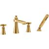Moen TS929BG Flara 2-Handle Deck Mount Cross Handle Roman Tub Faucet Trim Kit, Valve Required, Including Single Function Handshower, Brushed Gold