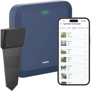 Moen 8-Zone Smart Sprinkler Controller, Wi-Fi Connectible Smart Irrigation System with Automatic Water Timer, WICNT008G1USA with 8 Moen Smart Wireless Soil Sensors